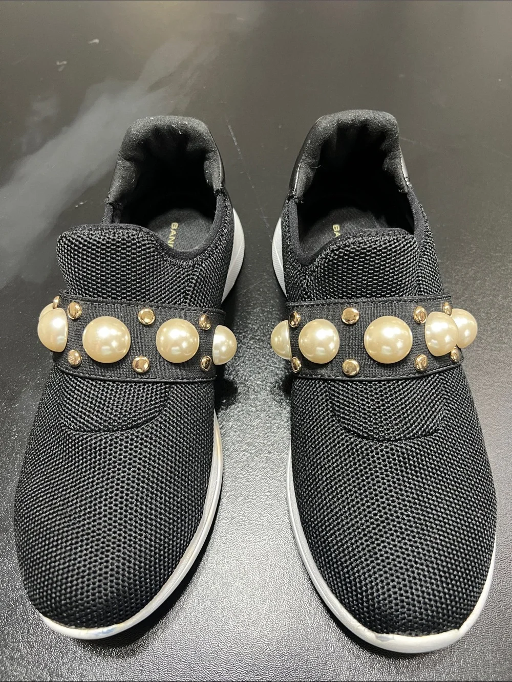 Bandolino Black Slip-On Sneakers with Pearl & Gold Studs